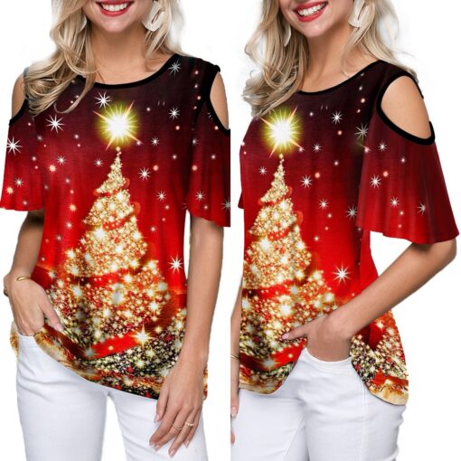 2020 New Women's Shirt Casual Fashion Christmas Trees Printed Lax Round Collar Short Sleeve Tee Female Clothes Christmas T-shirt