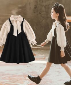 Bear Leader School New Girls Clothing Dress Baby Casual Dress Kids Patchwork Fall Clothes Children Long Sleeve Dress Blue White