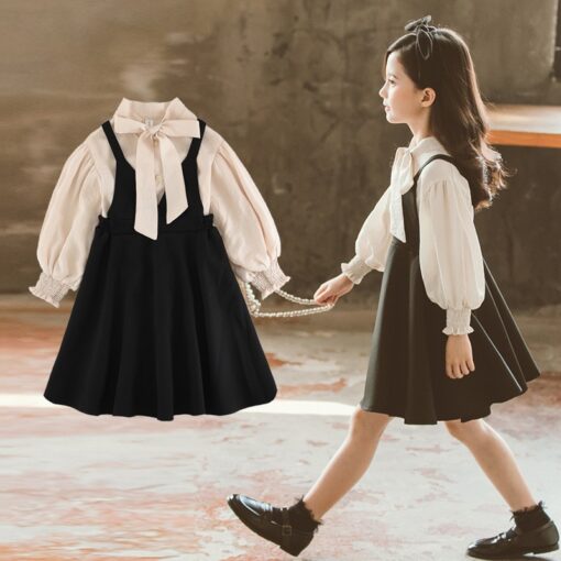 Bear Leader School New Girls Clothing Dress Baby Casual Dress Kids Patchwork Fall Clothes Children Long Sleeve Dress Blue White