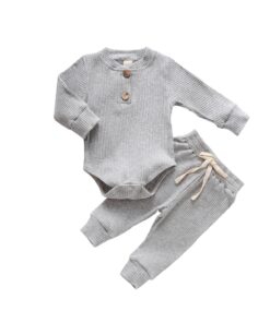 Infant Newborn Baby Girls Boys Spring Autumn Ribbed Solid Clothes Sets Long Sleeve Bodysuits + Elastic Pants 2PCs Solid Outfits