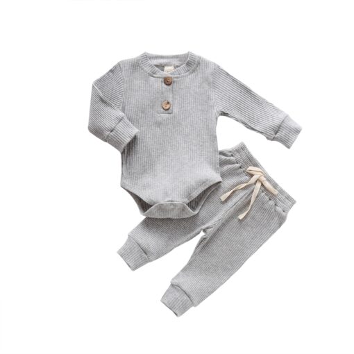 Infant Newborn Baby Girls Boys Spring Autumn Ribbed Solid Clothes Sets Long Sleeve Bodysuits + Elastic Pants 2PCs Solid Outfits