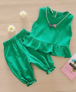 2020 New Summer Girls Green Cute Sleeveless Children's Floral Children's Clothing Girls Tops + Shorts 2 Sets Of Free Shipping