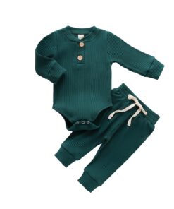 Infant Newborn Baby Girls Boys Spring Autumn Ribbed Solid Clothes Sets Long Sleeve Bodysuits + Elastic Pants 2PCs Solid Outfits