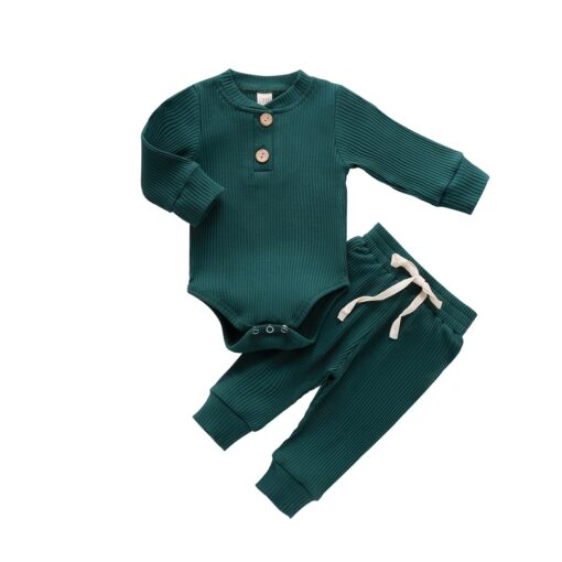 Infant Newborn Baby Girls Boys Spring Autumn Ribbed Solid Clothes Sets Long Sleeve Bodysuits + Elastic Pants 2PCs Solid Outfits