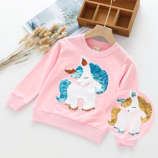 Autumn Girls Sweatshirt Unicorn Sequined Children T-shirt Cotton Long Sleeve Kids Tops Tees Fashion Girls Clothing
