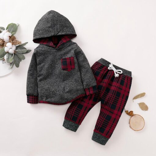 Baby Clothes Boy 6 Months Toddler Boy Winter Clothes Black Long Sleeve Hoodie Gray Plaid Print Cartoon Dinosaur Baby Boy Outfits