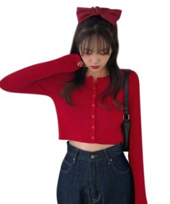 Thin Women's Knitted Cardigan Sexy Solid Color T-shirt Crop Trendy Casual Long Sleeve Women T shirt