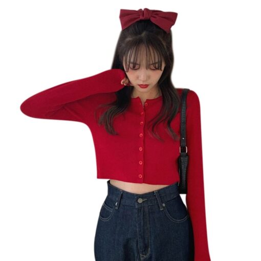 Thin Women's Knitted Cardigan Sexy Solid Color T-shirt Crop Trendy Casual Long Sleeve Women T shirt