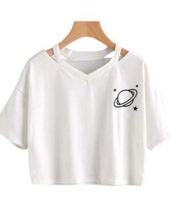 Sexy V-neck tops Harajuku Casual Planet Printed Girls Short Sleeve Top Crop T-Shirt summer tops for women Korean Black gothic