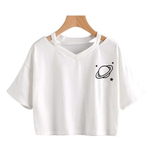 Sexy V-neck tops Harajuku Casual Planet Printed Girls Short Sleeve Top Crop T-Shirt summer tops for women Korean Black gothic