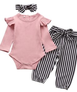 3Pcs Newborn Baby Girl Clothes Set Fashion Autumn Long Sleeve Solid Color Romper Tops Pants Headband Infant Clothing Outfits