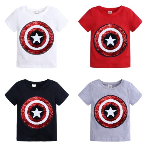 Changing Color and Pattern Switchable Sequins Boys TShirts Kid Fashion Marvel Hero T Shirt Children Top Clothes Summer