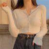 Thin Women's Knitted Cardigan Sexy Solid Color T-shirt Crop Trendy Casual Long Sleeve Women T shirt