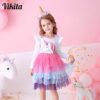 VIKITA Girls Princess Dresses Kids Cartoon Vestidos Children Autumn Dress Kids Dress for Girls Long Sleeve Unicorn Dresses