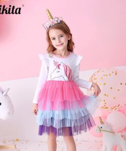VIKITA Girls Princess Dresses Kids Cartoon Vestidos Children Autumn Dress Kids Dress for Girls Long Sleeve Unicorn Dresses