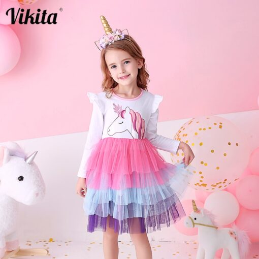 VIKITA Girls Princess Dresses Kids Cartoon Vestidos Children Autumn Dress Kids Dress for Girls Long Sleeve Unicorn Dresses