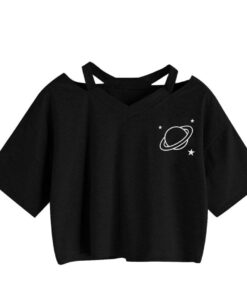 Sexy V-neck tops Harajuku Casual Planet Printed Girls Short Sleeve Top Crop T-Shirt summer tops for women Korean Black gothic