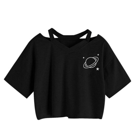 Sexy V-neck tops Harajuku Casual Planet Printed Girls Short Sleeve Top Crop T-Shirt summer tops for women Korean Black gothic