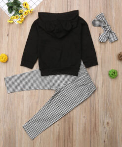 1-6Y Autumn Winter Lovely Toddler Baby Girls Clothes Sets 3PCS 3D Ears Hooded Pullover Black Tops+Ruffles Plaid Pants+Headband
