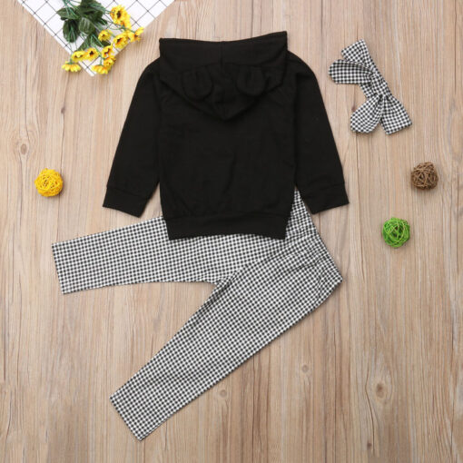 1-6Y Autumn Winter Lovely Toddler Baby Girls Clothes Sets 3PCS 3D Ears Hooded Pullover Black Tops+Ruffles Plaid Pants+Headband