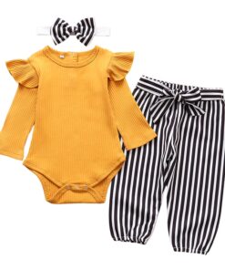 3Pcs Newborn Baby Girl Clothes Set Fashion Autumn Long Sleeve Solid Color Romper Tops Pants Headband Infant Clothing Outfits