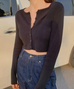 Thin Women's Knitted Cardigan Sexy Solid Color T-shirt Crop Trendy Casual Long Sleeve Women T shirt