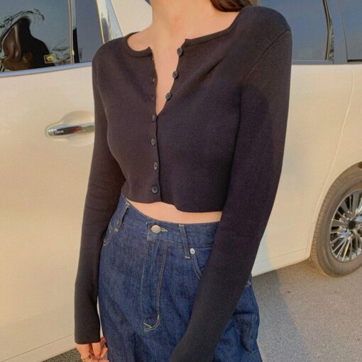 Thin Women's Knitted Cardigan Sexy Solid Color T-shirt Crop Trendy Casual Long Sleeve Women T shirt