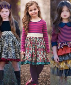 2020 INS Girls Spring and Autum Dress Kids Flower Pastoral Style Striped Long-sleeved Dresses England Cute Princess for Children