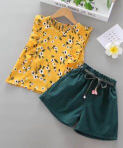 2020 New Summer Girls Green Cute Sleeveless Children's Floral Children's Clothing Girls Tops + Shorts 2 Sets Of Free Shipping