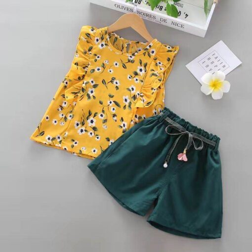 2020 New Summer Girls Green Cute Sleeveless Children's Floral Children's Clothing Girls Tops + Shorts 2 Sets Of Free Shipping