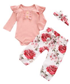 3Pcs Newborn Baby Girl Clothes Set Fashion Autumn Long Sleeve Solid Color Romper Tops Pants Headband Infant Clothing Outfits