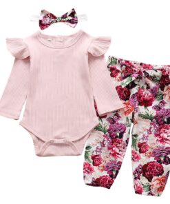 3Pcs Newborn Baby Girl Clothes Set Fashion Autumn Long Sleeve Solid Color Romper Tops Pants Headband Infant Clothing Outfits