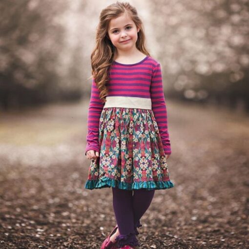 2020 INS Girls Spring and Autum Dress Kids Flower Pastoral Style Striped Long-sleeved Dresses England Cute Princess for Children