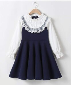 Bear Leader School New Girls Clothing Dress Baby Casual Dress Kids Patchwork Fall Clothes Children Long Sleeve Dress Blue White
