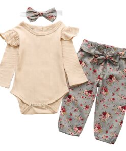 3Pcs Newborn Baby Girl Clothes Set Fashion Autumn Long Sleeve Solid Color Romper Tops Pants Headband Infant Clothing Outfits