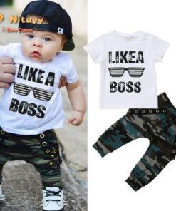 Baby Boys Clothes 2020 Hip Hop Short Sleeve Summer Toddler Infant Like A Boss Letter Tops T-shirt Camo Pants Outfits 2Pcs
